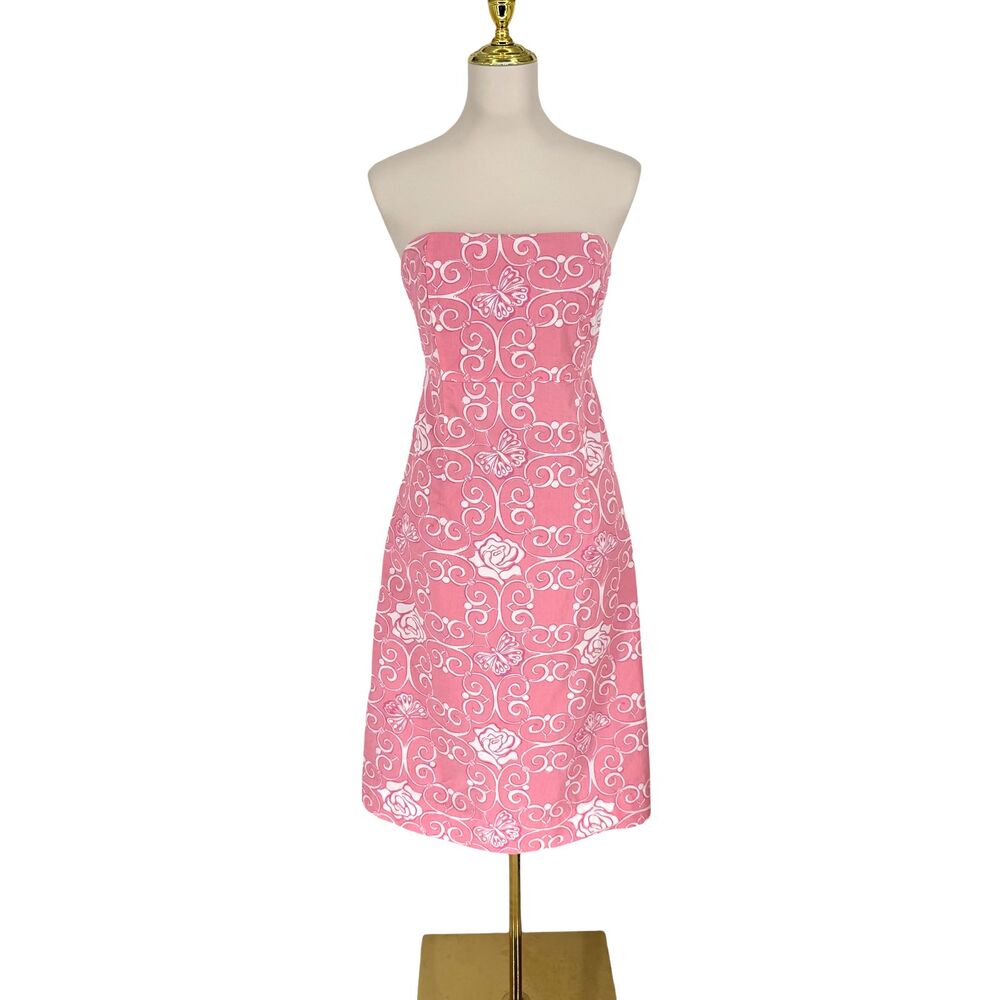Vintage Lilly Pulitzer Strapless Dress 10 Iron Maiden Pink Floral Butterfly 90s - Picture 2 of 11